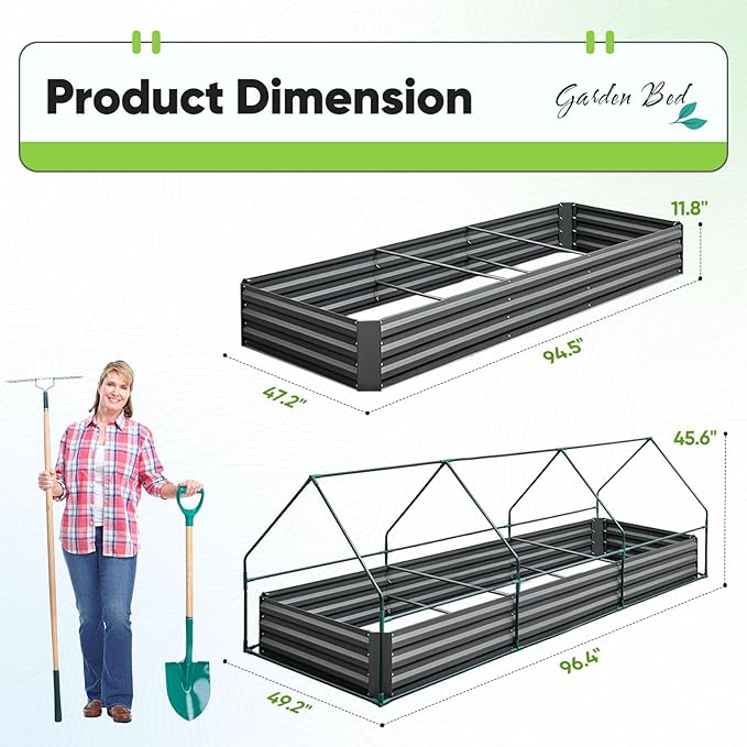 Quictent Raised Garden Bed Galvanized Raised Beds for Gardening Vegetables with Cover 8x4x1 ft Metal Planter Box Outdoor Use (Clear)