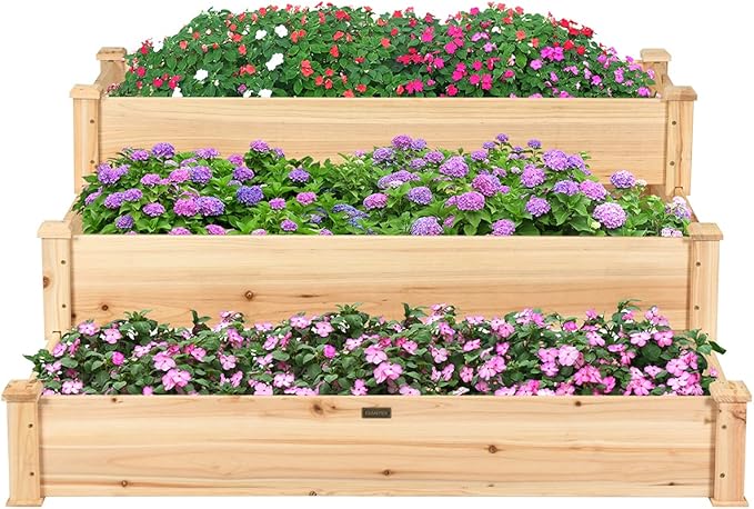 MAT EXPERT 3-Tier Raised Garden Bed 49 x 49 x 22 Fir Wood Elevated Planter Box Planting Box Kit for Growing Vegetable/Flower/Herb Plant Display Container Rack for Backyard/Lawn/Balcony