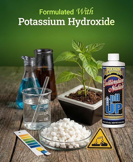 FoxFarm Cultivation Nation pH UP for Plants’ Nutrient Solutions - Formulated with Potassium Hydroxide for Adjustment - Ideal for Soil &amp Hydroponics Raises pH Levels of Nutrient Solution - 1 Pint
