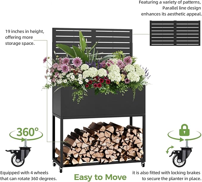 Raised Garden Bed with Trellis Metal Raised Planter Box with Trellis Privacy Planters for Patio Raised Garden Beds Outdoor Standing with Drainage Holes Wheels Black