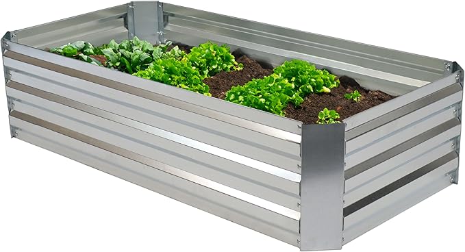 Sunnydaze Silver Galvanized Raised Garden Beds - 12” H L-Shaped and 48 W x 24 D x 12 H Rectangle