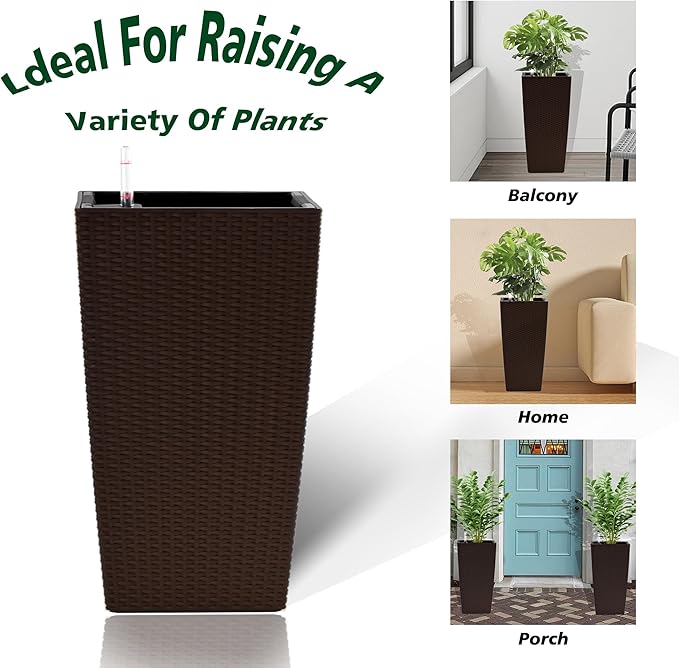 IndoorOutdoor Faux Rattan Square Planter 22.6 inch Brown Plastic Large Planter with Automatic Watering System for Home and G(Brown 22.6 inch 2 Pack)