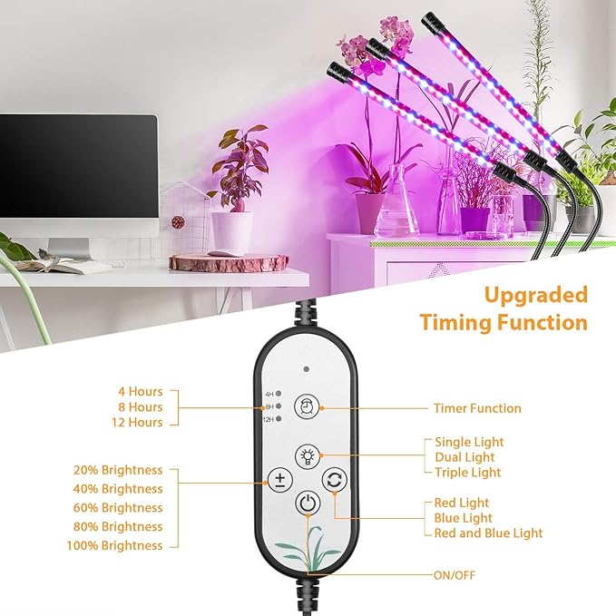 LED Grow Lights for Indoor Plants 40W Plant Growing Lamps Auto ON/Off with Red Blue Spectrum3Heads Adjustable Gooseneck with 4/8/12H Timer 5 Dimmable Brightness