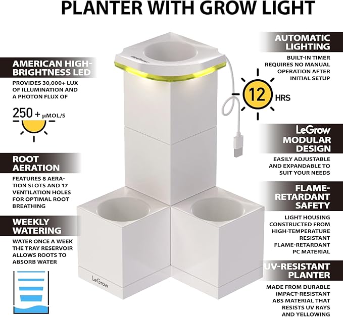 LeGrow Indoor Planter with LED Grow Light Automatic 12 Hours Timer 7 Days Watering-Free 2 Self Watering Pots for Small Plants Home Decor &amp Office Desktop White