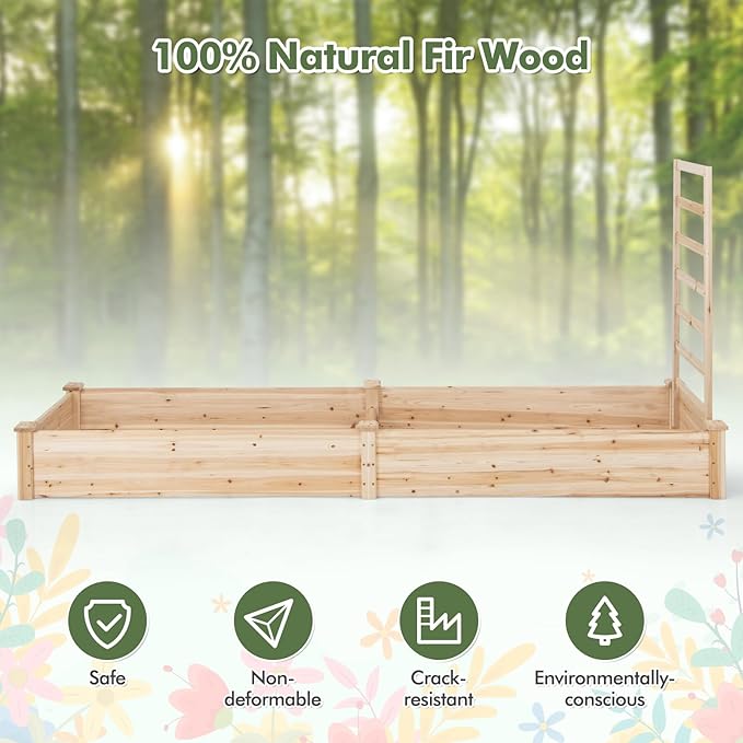 COSTWAY Raised Garden Bed with Trellis Outdoor Wooden Planter Kit for Flowers Herbs Vegetables Fruits &amp Climbing Vines Elevated Garden Planter for Patio 93 L x 25 W x 40 H