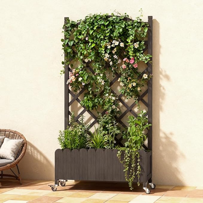 COMHOMA Raised Garden Bed with Trellis and Wheels48Inch Elevated Planter Box with Drainage HolesLattice Privacy Screen for Climbing Plants VegetablesOutdoor for Patio Balcony YardBrown