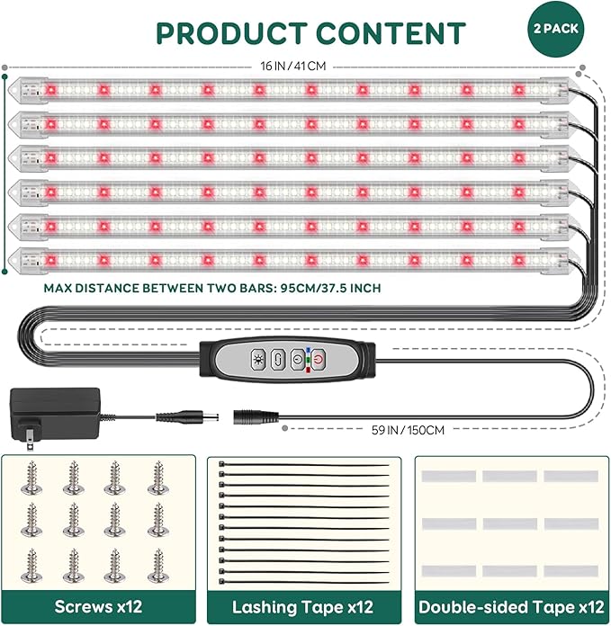 6-Bar Grow Light Strips for Indoor Plants 16 Full Spectrum Plant Lights 6500K Sunlike Grow Lights with 6/12/18H Timer 5-Level Dimmable for Indoor Growing (2 Pack)