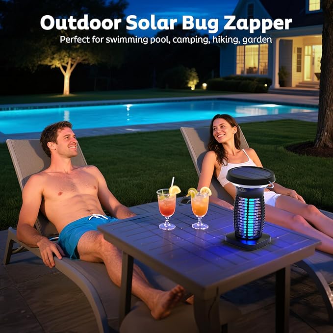 Solar Bug Zapper Outdoor Mosquito Zapper Outdoor Waterproof Electric Rechargeable Fly Zapper with Solar Panel 4200V Fly Trap Indoor for Home Backyard Patio Garden Camping