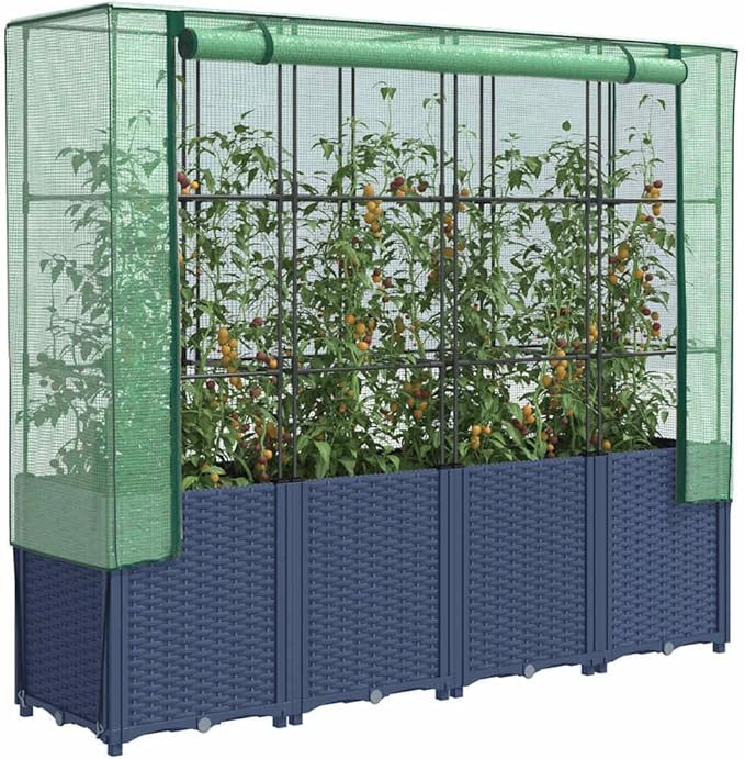 Large Raised Garden Planter Box Blue Grey Polypropylene Rattan Look 63x15.7x60.2 in Outdoor Vegetable Herb Flower Beds Kit with Greenhouse Cover