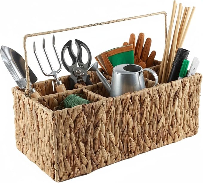 Garden Tools Woven BasketGarden Tool Organizer with HandleWicker Storage Basket with 4 CompartmentsPruning ShearsGlovesShovelGardening Gifts for Women Men14 L X 8 W X 5.5 H