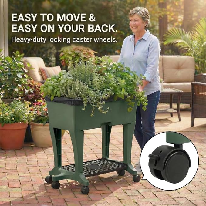 EarthBox Raised Garden Bed with Legs – Elevated Self Watering Planter Box with Wheels Storage Shelf Premium Plant Food Easy Assembly Made in USA Dark Green