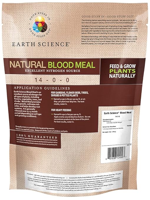 Earth Science Natural Blood Meal Plant Food—3 lb—Organic Nitrogen for Thriving Plants – Feed Flowers Vegetables Trees Shrubs &amp Potted Plants – Activate Compost Vibrant Growth Bigger Harvests