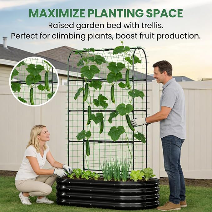 2 in 1 Galvanized Raised Garden Bed with 71 H Arch Trellis for Climbing Plants Outdoor Gardening Planter Box with Climbing Net for Flowers Vegetables Fruits Herbs Black