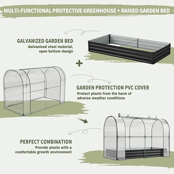 SUNYRISY Galvanized Raised Garden Bed with Greenhouse Outdoor Metal Planter Box Kit with Bed Cover Garden Box Protection for Gardening Vegetables Flowers Herbs Planting Black
