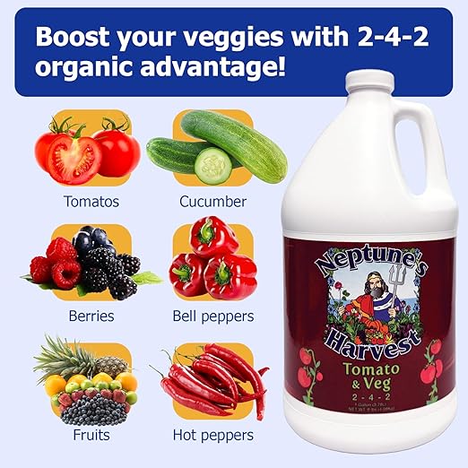 Neptune’s Harvest Organic Tomato &amp Vegetable Plant Fertilizer (2-4-2) - Liquid Plant Food w/Fresh Fish Seaweed Molasses Yucca Extract &amp Humic Acids - for Vegetable Garden (Gallon)