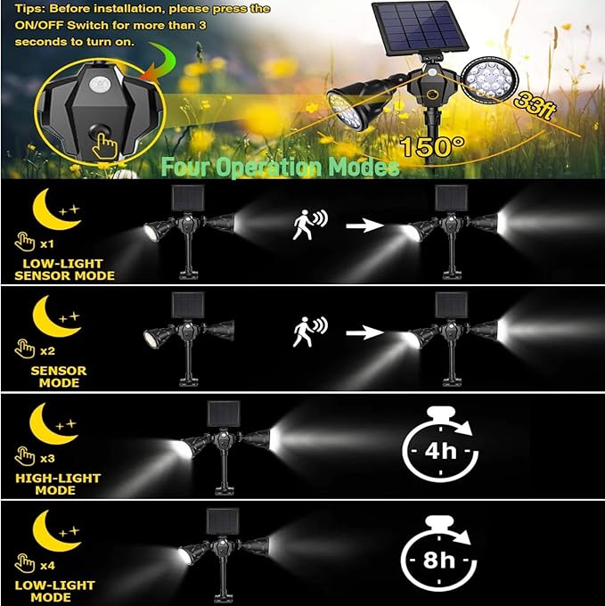 Solar Spot Lights Outdoor Waterproof Double Head Adjustable Bright LED Solar Motion Sensor Lights for Outside Garden Flag Pole Light Landscape Lighting for Patio Deck Yard Driveway