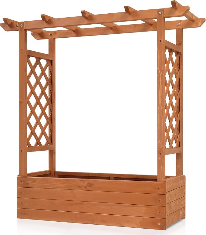 44.5 Inch Tall Wooden Raised Garden BedOutdoor Garden Flower Standing Planter BoxWood Planter BoxesVegetables Growing Bedswith Drainage Holes &amp Trellisfor Patio Yard Porch Balcony (Natural)