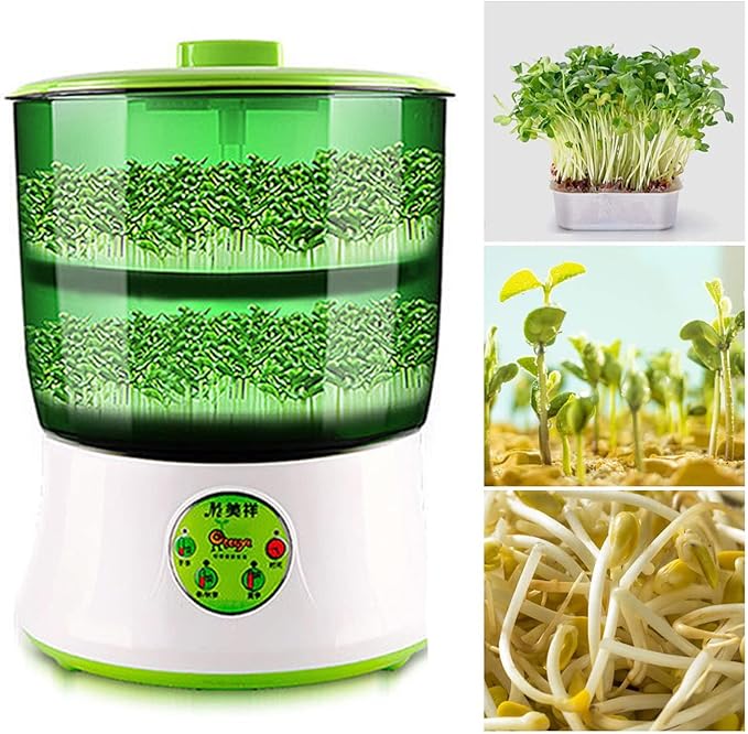 Bean Sprouts Machine Automatic Sprouts Growing Kit 2 Layers Auto Household Bean Seed Cereal Sprouts Machine 360° Sprinkler 3 Seasons Modes for Radish Wheatgrass Broccoli Sprouts 110V