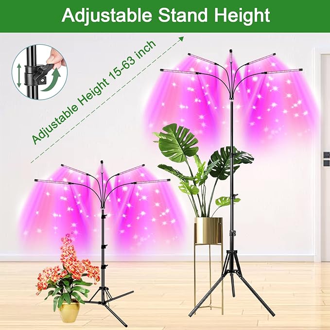 Garpsen Grow Light with Stand 5 Heads Grow Lights for Indoor Plants 100 LEDs Full Spectrum Led Plant Light for Seed Starting with 15-63 Adjustable Tripod&amp6/12/16H Timer(No Clip)