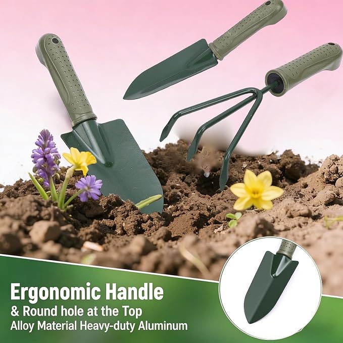 Premium Iron Garden Tool SetY001 with Ergonomic Handle Wide and Narrow Shovel 3 Prong Rake and Storage Bag for Gardening Suitable for Weeding Digging Transplanting Planting