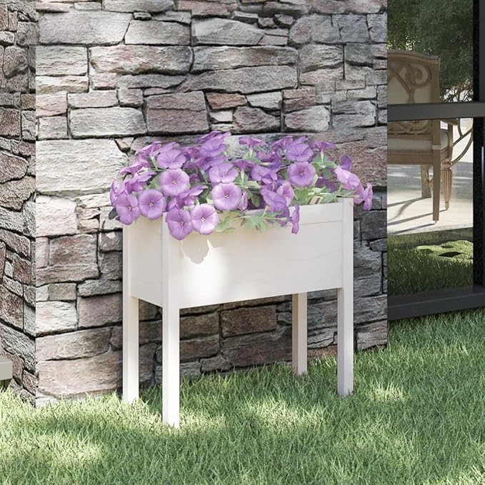 Garden Planter White Solid Pinewood 27.6x12.2x27.6 in Outdoor Wooden Raised Garden Bed Durable Rectangular Planter Box for Patio Balcony Terrace