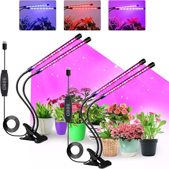 LED Grow Light 4-Head Plant Growing Lamp with Timer 9 Dimming Levels 3 Light Modes USB Powered Flexible Gooseneck (Red Blue Light)