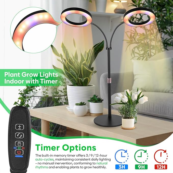 Dual-Head Grow Lights for Indoor Plants LED Full Spectrum Plant Lamp with Timer 3/9/12H 10 Dimmable Levels Flexible Gooseneck Height Adjustable 14-23 for House Plants &amp Seedlings