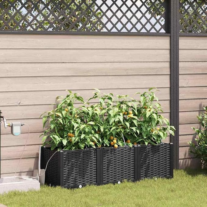 3 Pack Black Steel Garden Planter Box Set 47x16 with Irrigation Modern Outdoor Raised Bed for Vegetables Herbs Robust Patio Flower Box Kit for Balcony Terrace Backyard