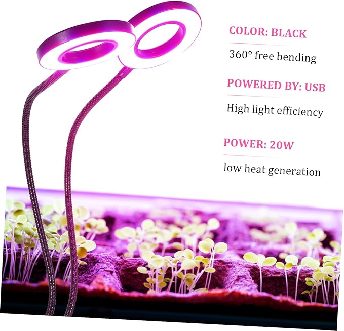 Toyvian LED Plant Growth Light with Dual Heads USB Powered Indoor Planting Lamp for Home Gardening Suitable for Vegetables and Flowers Timed Lighting Options