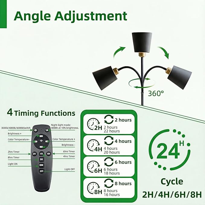 Floor Lamp Grow Lights for Indoor Plants Adjustable Height Tall Standing Plant Light with Remote &amp Timer 360° Gooseneck Full Spectrum Dimmable Weighted Base