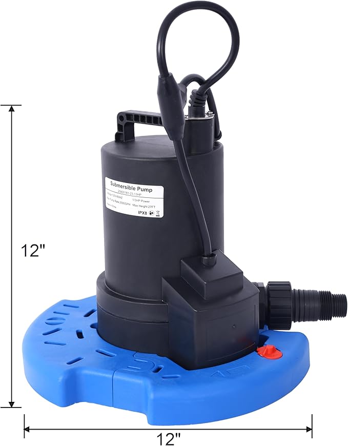 1/3 HP Automatic Swimming Pool Cover Pump 120 V Submersible with 3/4 Check Valve Adapter 2500 GPH Water Removal for Pool Hot Tubs Rooftops Water Beds and more