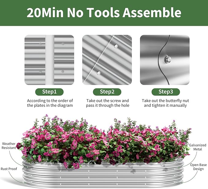 Metal Oval Raised Garden Beds(Silver) 6 × 3 × 1ft Galvanized Raised Garden Bed Kit Outdoor with Safety Edging Large Raised Planter Boxes for Gardening Vegetables and Flowers