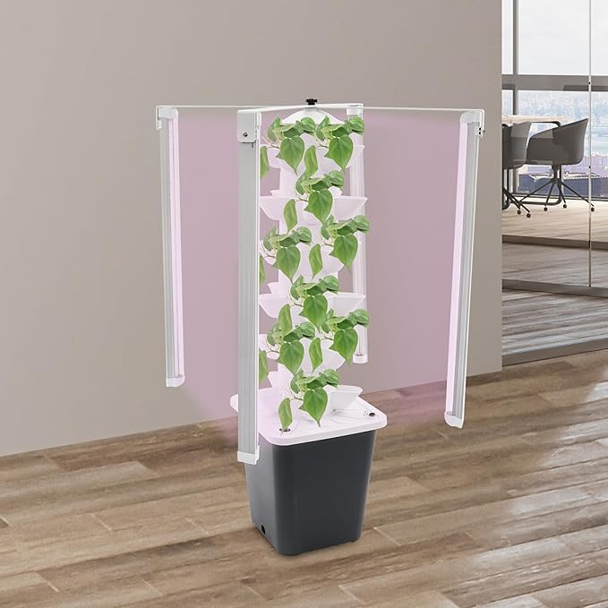 Hydroponic Tower 6-Tier 30-Plant Hydroponic Growing Kit with Light Strips &amp Water Tank Outdoor Indoor Vertical Hydroponic Planter Self-Watering Garden Planter Tower (Black Water Tank)
