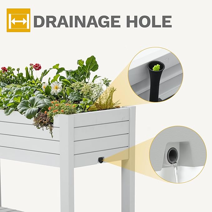 DWVO Raised Garden Bed Kit 3.6 x 1.5 x 2.8 FT Outdoor Plastic Planter Box with Wheels and Legs Garden Box with Drain Plug &amp Storage Shelf for Planting Vegetables Flowers and Herbs Grayish-Whi
