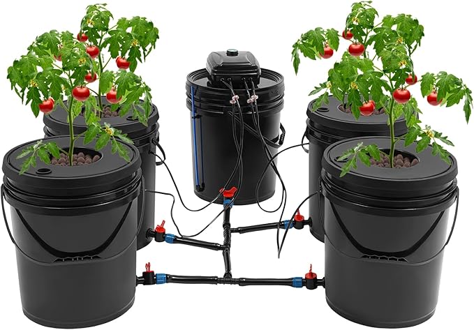 Deep Water Culture Hydroponics Systems w/Air Pump 5.28Gal Recirculating Deep Water Culture w/Reservoir Bucket &amp 4 Planting Buckets DWC Growing System kit for Planting Tents Greenhouses Balconi