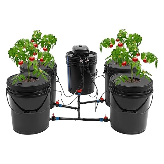 DWC Hydroponic System 5 Gallon 5 Buckets - Recirculating Deep Water Culture Kit w/12W Air Pump 4×4L/min Air Stone 6m Hose &amp Water Level Device for Indoor/Outdoor Leafy Vegetables Black