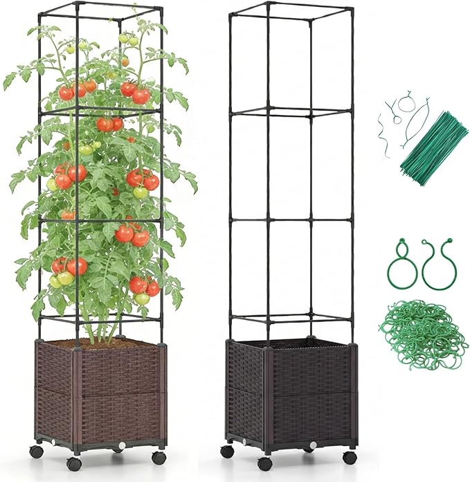 Raised Garden Bed Planter Box with Tomato Cage - Self-Watering Tomato Planters with Trellis for Climbing Plants Outdoor - Vertical Gardening Tomatoes Pot with Trellis Wheels for Vegetable Vine