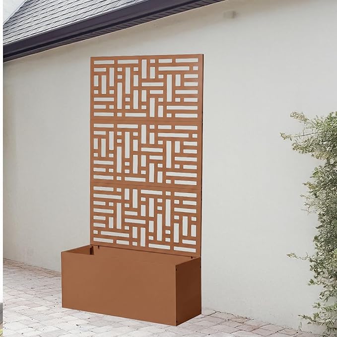 Metal Planter Box with Trellis70 Outdoor Raised Garden BedPrivacy Planters for Patio GardenPlanter Box with Drainage Holes for Climbing Plants (Brown)