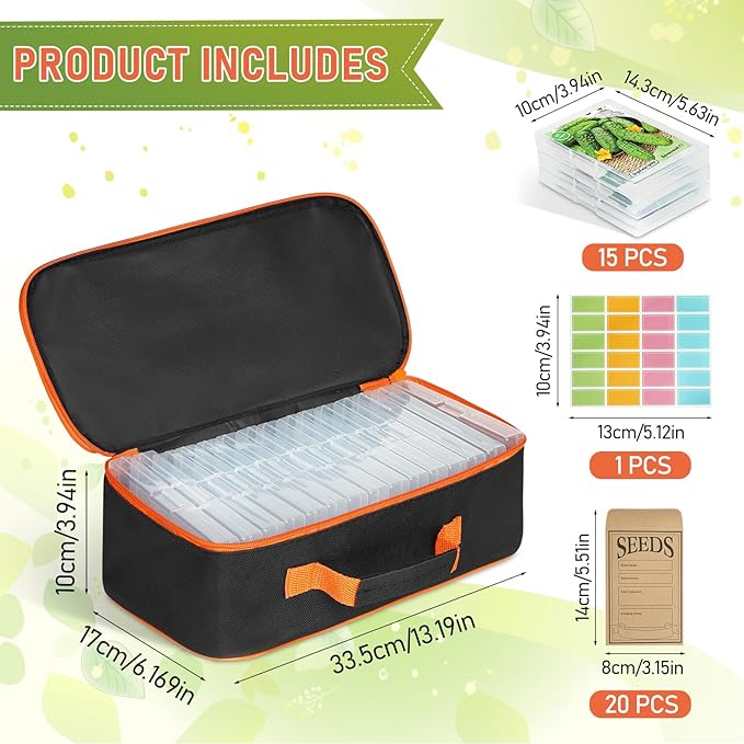 FACULX 15 Slots Seed Storage Box with 20 Seed Envelopes Large Capacity Seeds Organizer Container with Zipper Bag Label Stickers Seeds Saving Container for Garden Vegetable and Flower (Orange)