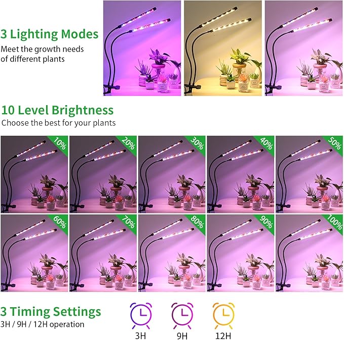 2 Head 2 Pack LED Plant Grow Light with Flexible Gooseneck Suitable for Indoor Plants Full Spectrum Clip on Plant Growing Light with Red Blue Yellow Beads 10 Brightness Levels 3/9/12H Auto Timer