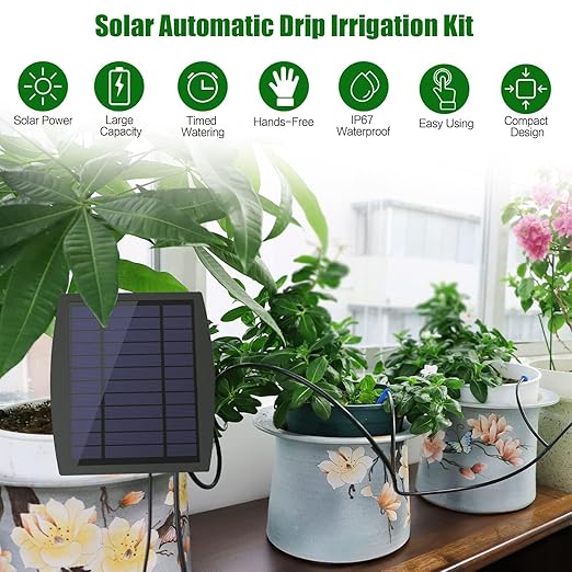 Solar Automatic Drip Irrigation Kit System Solar Powered Auto Easy DIY Watering Device Supported Pots Plants 12 Timing Modes with Anti-Siphoning Device (Supported 20-30 Pots 12Timing Modes)