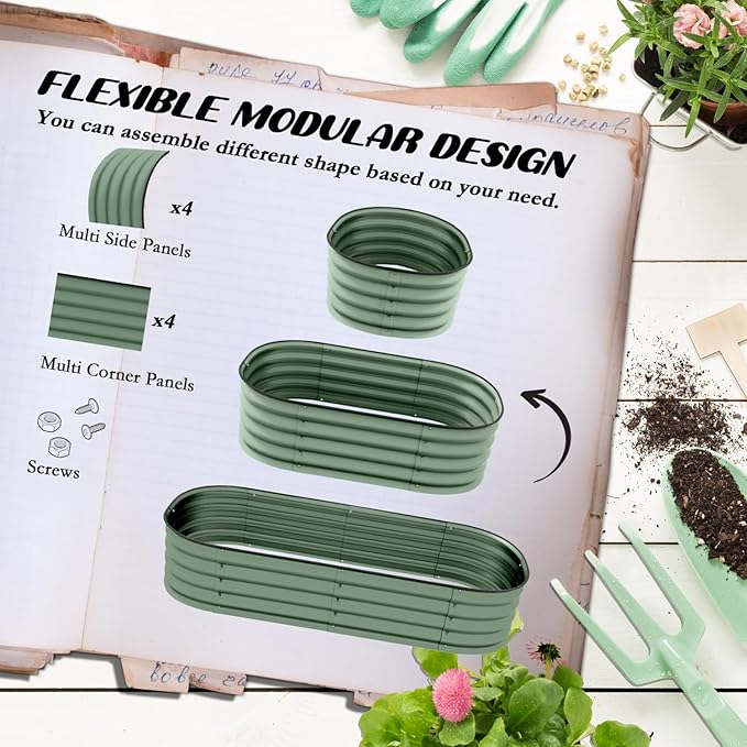 4.9' X 2' X 1' Galvanized Raised Garden Bed Kit: Metal Elevated Planter for Growing Flowers Herbs &amp Vegetables (Green)