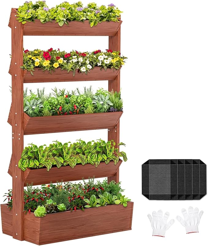 Wooden Vertical Raised Garden Bed 5 Tier Garden Planters Raised Beds Freestanding Plant Stand Flower Rack Wooden Planter Box for Plants Herbs Flowers Vegetables Outdoor Indoor Gardening