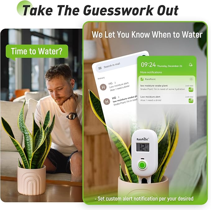 RAINPOINT Smart Digital Wireless Plant Moisture Meter Houseplants Indoor WiFi Hub Kit with Low/High Moisture AlertReal-time Monitor Hygrometer Sensor Outdoor Gardening Push Notification&ampEmail