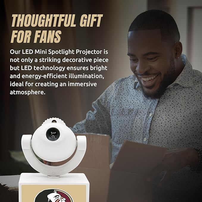 Sporticulture NCAA American Football Florida State - Adjustable Led Mini Spotlight Projector with 6 Team Logo Designs - Portable &amp Rechargeable Spotlight - Battery-Operated - 4.375” x 3.125”