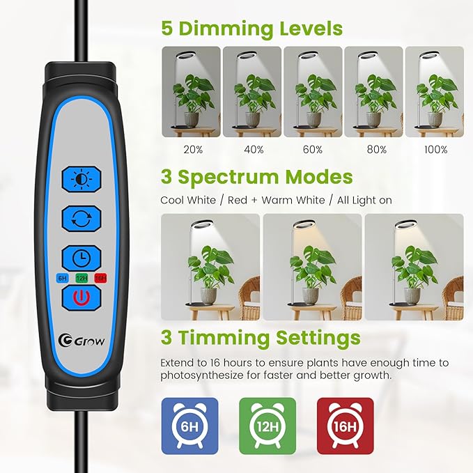 Grow Lights for Indoor Plants 80 LEDs Full Spectrum Plant Grow Light with 2 Mounting Options 6/12/16H Timer 3 Spectrum Modes 37 in Height Adjustable Desk Growing Lamp (Black/2-Pack)