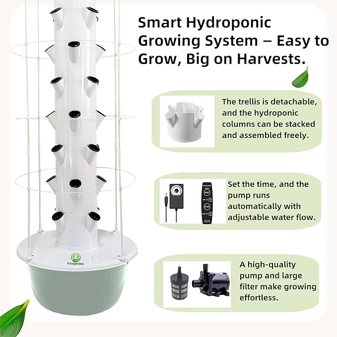 Hydroponic Growing System Kit Vertical Hydroponic Tower with Trellis Indoor &amp Outdoor Herb Garden Vegetable Tower with 40 Planting Pods Automatic Timer Ideal for Gardeners &amp Beginners