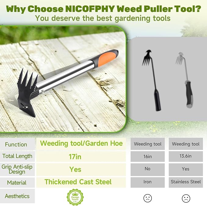 60 Weed Puller Tool with Long Handle and 17 Weeding Tools Gardening Set Dual Side Hand Weed Rake and Hoe Garden Weeder Uprooting Weed Pulling Remover Tool for Yard Patio Lawn and Garden Planting