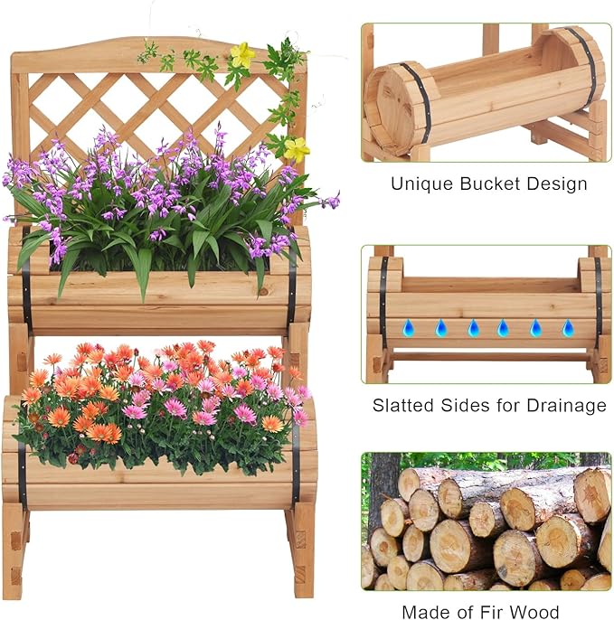 kinbor Outdoor Wood Raised Garden Bed Raised Planter Box Planter with Trellis Elevated Garden Bed for Gardening Vegetables Flowers Climbing Plants Growing Garden Balcony Patio Yard