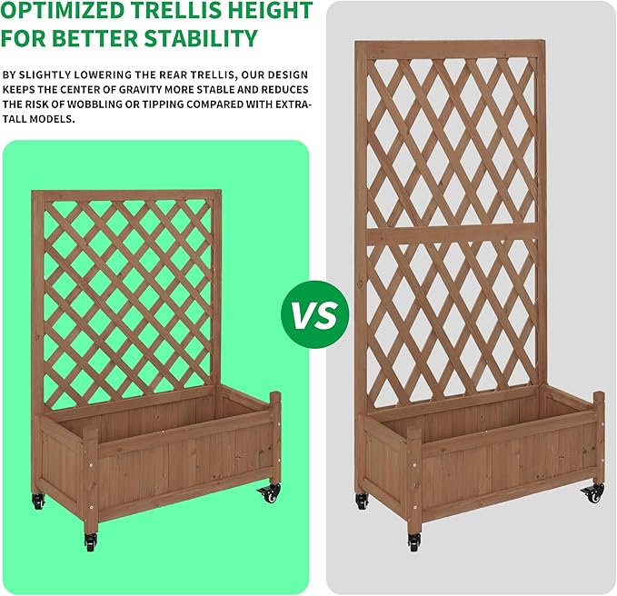 2 Pcs Wooden Planter Boxes with Trellis: Four Universal Wheels for Easy Mobility 37.6 H x 27.5 W x 13 DPerfect for Outdoor Climbing Plants on Patios Balconies &amp Gardens